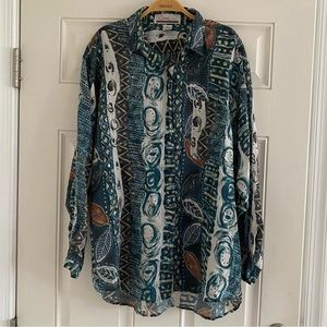 Vintage 80s Diana Silk Long Sleeve Thin Blouse Aztec Funky Blue White Striped